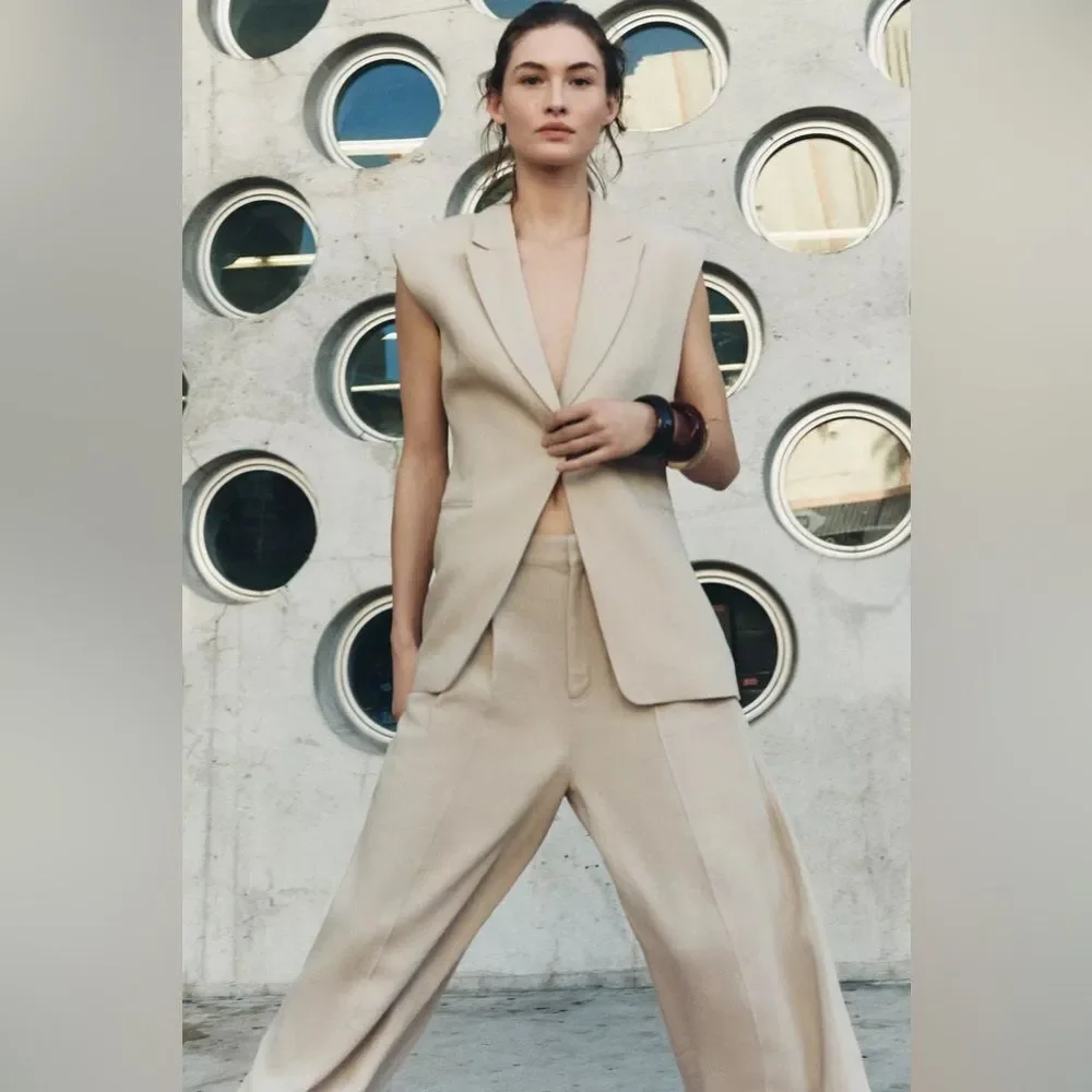 NWT ZARA High Waist Linen Blend Darted Trouser Pant in Camel Size XL